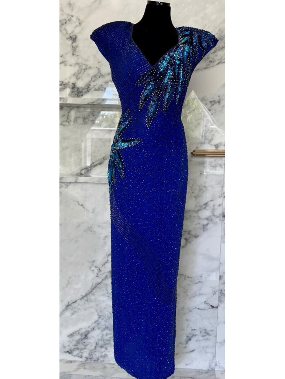 Alyce Designs Cap Sleeve Evening Prom Sequin Embroidered Blue Dress  Size 6